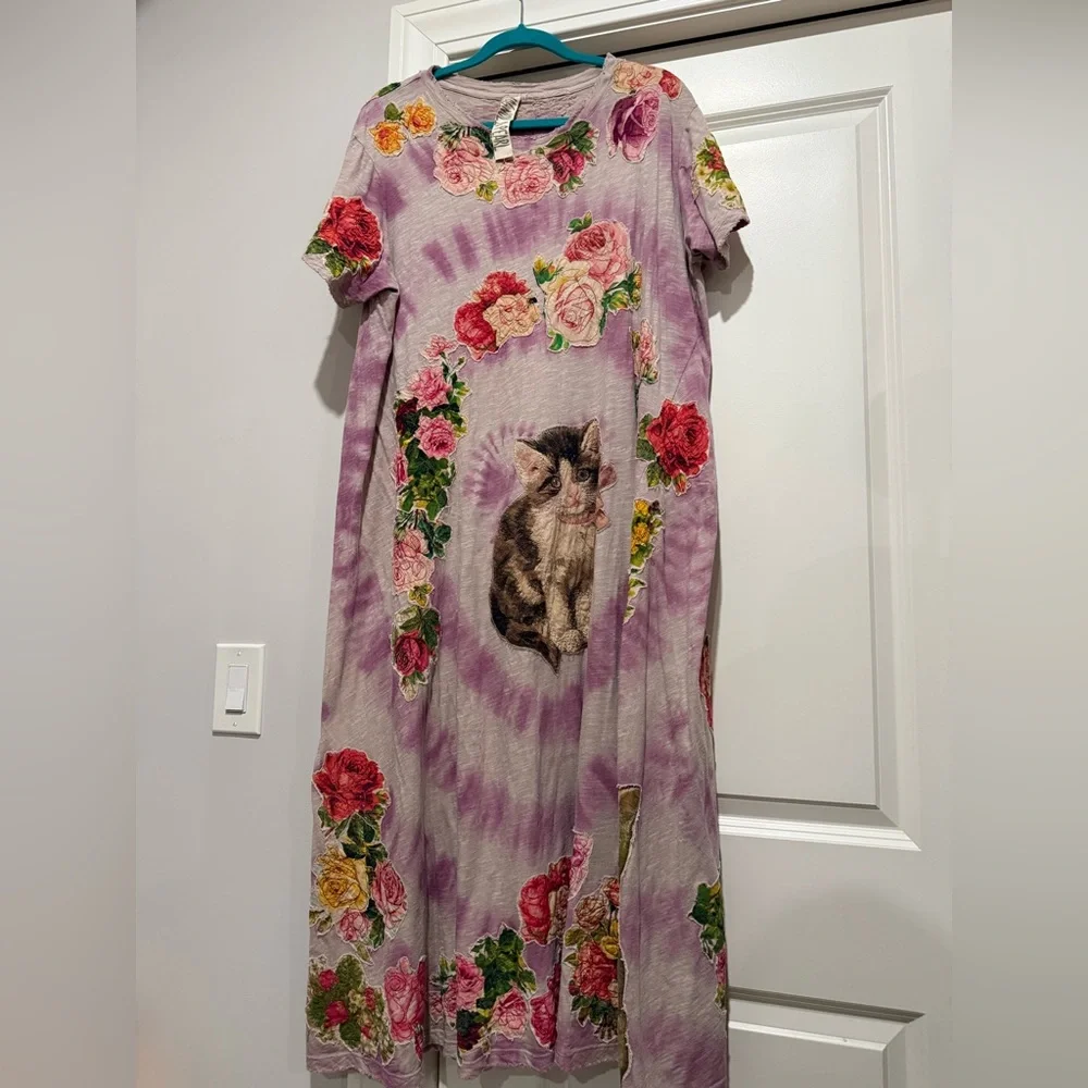 Magnolia Pearl Cat Kitty Jersey Tie Dye Applique Tee Shirt Dress Juniper - Picture 1 of 10